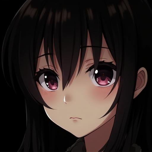 Anime girl character design by Mochizuki Kei. Close-up of the face showing sharp eyeliner and highlighted eyes against a black background.