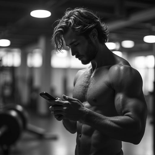 A muscular man with light brown hair stands in a fitness center engrossed in a smartphone. Image is a hyper-realistic black and white photograph capturing his physique. A wide-angle view creates depth and a sense of isolation. Raw textures of the gym enhance the gritty aesthetic.