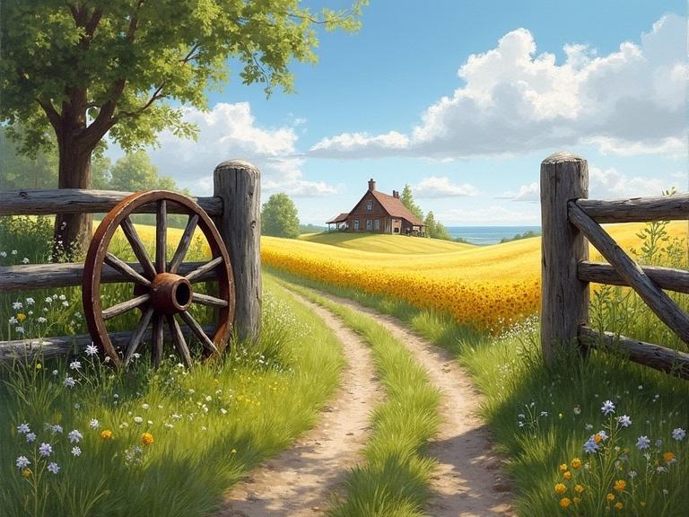 A picturesque oil painting depicting a serene countryside landscape. Bright sunny day shows a Neo-Romanian house along with a split-rail fence. A weathered wagon wheel rests against the fence. Lush green grass and small wildflowers surround the area. A narrow dirt path leads toward sunflowers and wheat fields. A distant badlander is present.