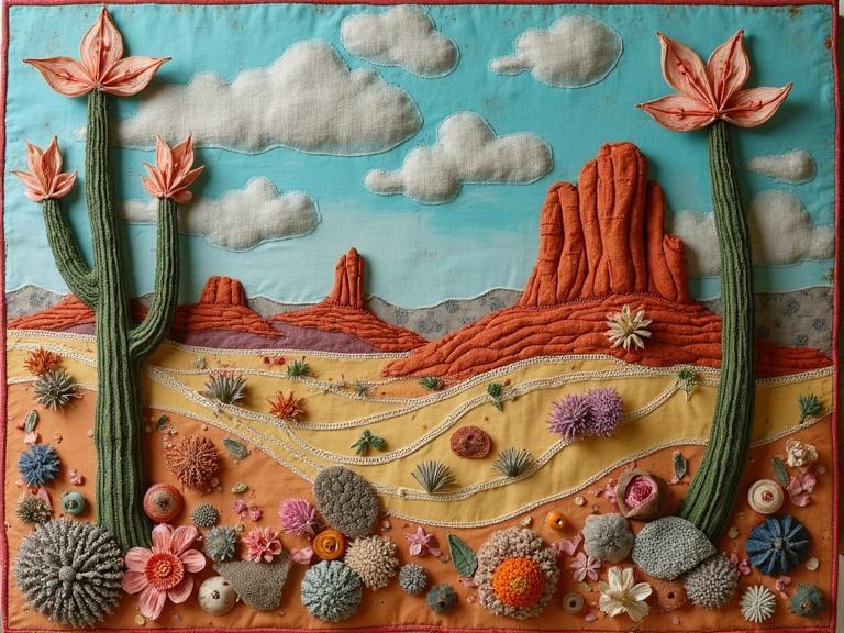 A desert landscape quilt featuring a variety of mixed media. Techniques include fabric, dried flowers, buttons, shells, threads, yarns, encaustic wax and oil. Emphasis on detailed textures and colors.
