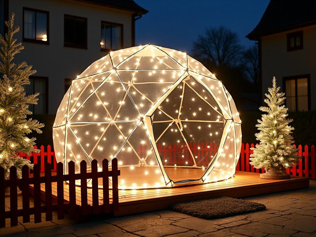 The image features a beautifully illuminated geodesic dome, adorned with fairy lights, set in an outdoor yard during twilight. Surrounding the dome are two decorated evergreen trees, enhancing the festive atmosphere. A wooden deck serves as the base of the dome, with a red wooden fence framing the space. The overall scene exudes warmth and coziness, making it inviting for gatherings. The time of day adds a charming backdrop with the deepening cobalt sky.