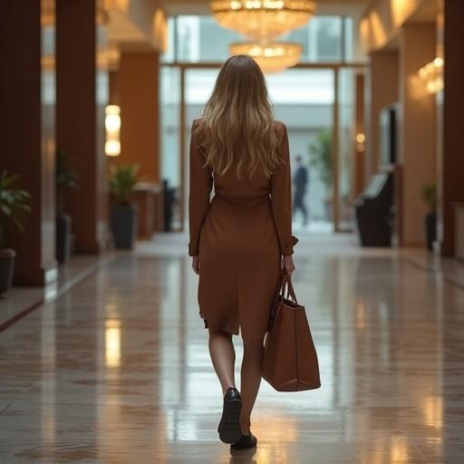 Lone blonde woman walks in an urban fashion style within a hotel lobby. She wears a brown dress and carries a large handbag. The lobby features large chandeliers and spacious interiors. There is a person in the background. The lighting is soft and inviting.