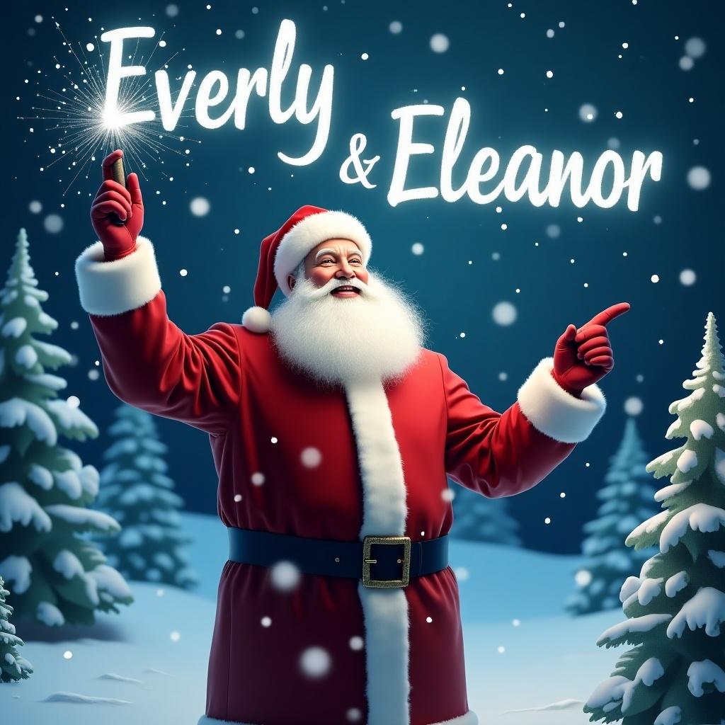 A jolly Santa Claus in a snowy landscape holds a wand glittering with sparkles. He wears a classic red suit with white fur trim. Santa joyfully appears to write names in the sky. Behind him, evergreen trees decorate the snowy scene under a starry night sky. The festive atmosphere captures the spirit of Christmas. Names 'Everly & Eleanor' glow in the sky due to Santa's wand. Snowflakes gently fall around him, enhancing the seasonal feel.