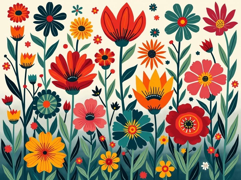 This image portrays a vibrant cartoon of flowers, inspired by the decorative style of William Morris. It features an array of blossoms, including daisies, tulips, and other wildflowers, all illustrated in a playful, stylized manner. The colors are bold and bright, creating a cheerful atmosphere. The background is a soft gradient that enhances the vividness of the flowers. This illustration is perfect for use in various design contexts, ranging from home decor to fashion textiles.