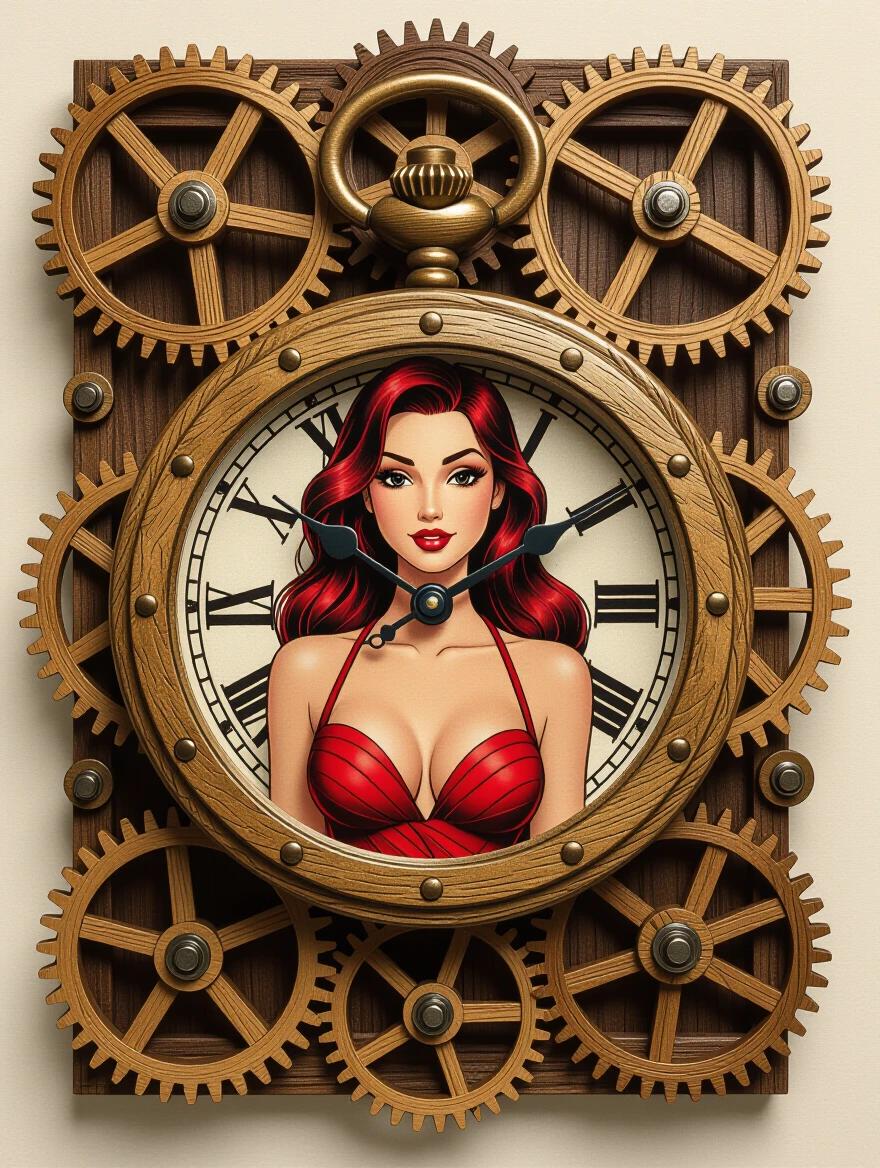 Aged wooden gears and cogs link together to form a pocket watch. A 3D representation of a beautiful woman features red strings. Hyperdetailed supermodel uses zentangle and Droste effect techniques. Presented in 8K resolution.