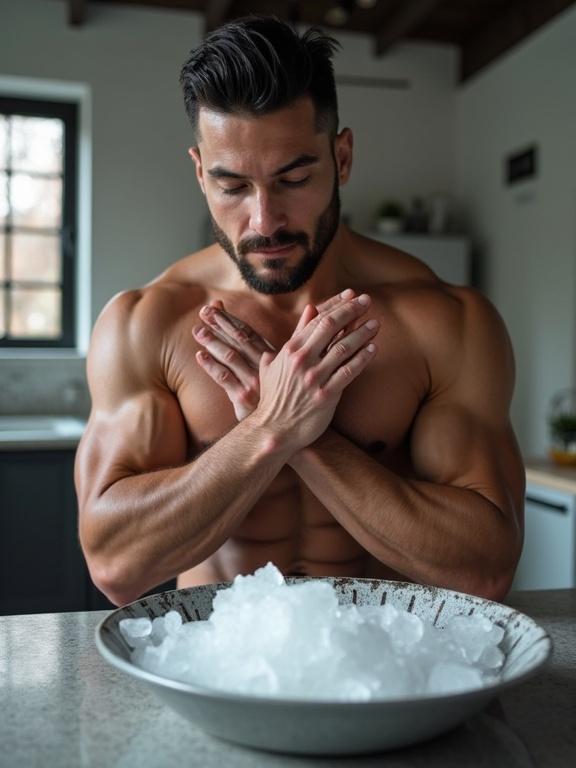 A muscular bodybuilder performs a recovery routine. He places his hands over his chest. A bowl of ice sits prominently in front. The setting is a stylish modern kitchen.