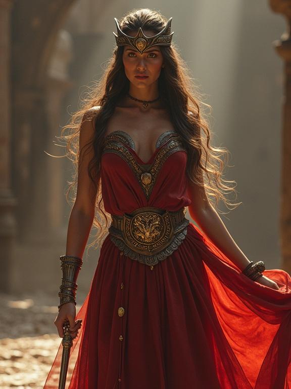 Lady Godiva dressed as a warrior. Full body depiction. Detailed fantasy costume. Rich color palette. Dramatic lighting. High-resolution art.
