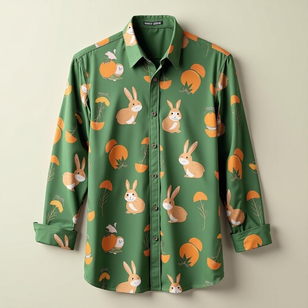 Green long-sleeve shirt featuring small prints of bunnies, oranges and leaves. Shirt has a playful and casual design. Suitable for relaxed occasions or children's events.