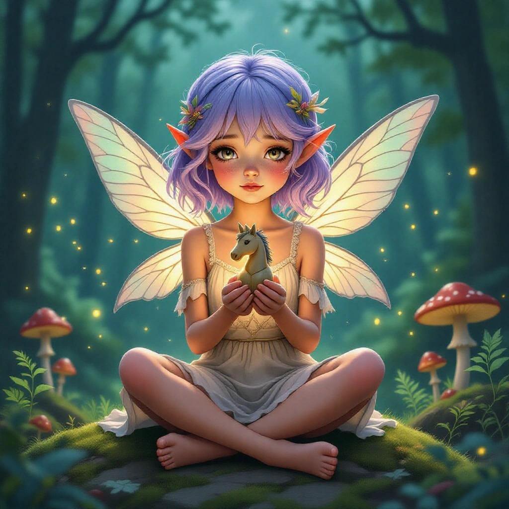 Digital illustration of a fae girl with lavender hair in a top fade haircut holding a carved wooden horse figurine in both hands. Her delicate wings shimmer softly behind her. She sits cross-legged on a mossy rock in a twilight forest clearing. Her gaze is melancholic with light freckles on her face. The lighting is soft in a stylized fantasy painting with pastel tones and subtle ink outlines. The background is detailed but minimalist with glowing mushrooms and faint fireflies.