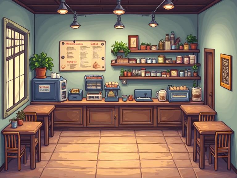 Pixelated interior of a coffee shop scene. Features a cozy design with a counter, coffee machine, shelves, and plants. Warm lighting and inviting atmosphere. Designed for top-down games in RPG Maker MV.