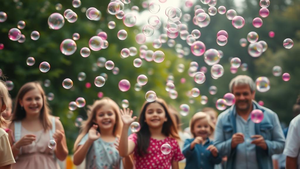 Children playing in a park with bubbles floating in the air on a sunny day.