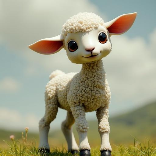 A cute robot lamb with a fluffy appearance and friendly features. The lamb stands in a picturesque outdoor setting. The image conveys a playful and whimsical vibe.