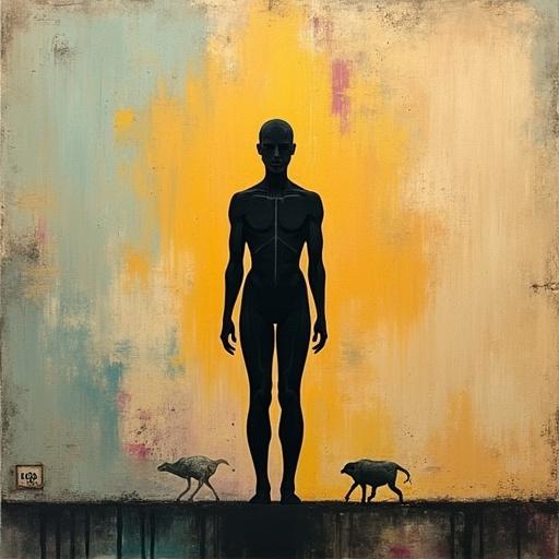 Abstract figure representing humanity without gender. Dark silhouette against a colorful textured background soaring with warm hues. The artwork embodies hope and artistic expression. Minimal anatomical detail highlights the essence of the human form. The composition evokes thought and emotion.
