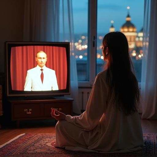 A 25-year-old girl meditating in oriental clothing sits in the lotus position. Fingers in mudra, mouth open in surprise. She gazes at an old TV showing Russian President Putin in a white suit. A halo above him, Kremlin visible. Evening city outside window with bright bokeh lights.