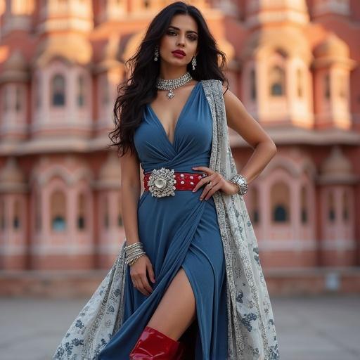 Confident South Asian woman poses in front of Hawa Mahal Jaipur. Soft sunlight during golden hour creates a warm atmosphere. Striking fusion saree-gown with a denim-blue bodice and floral skirt. High slit showcases red knee-high boots. Red belt highlights hourglass figure. Regal silver and pearl jewelry enhance the look. Long dark hair styled voluminously, glamorous makeup. Stunning pink architectural backdrop adds cultural context.