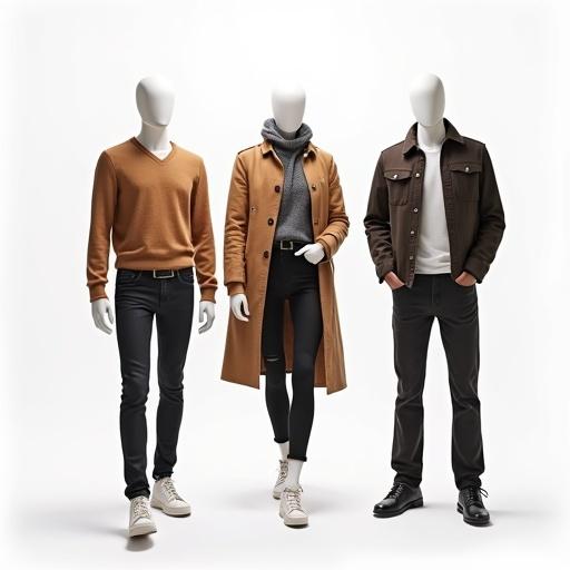Faceless mannequins wearing various stylish garments. Outfits include a light sweater, a long coat, and casual pants. Display on pure white background.