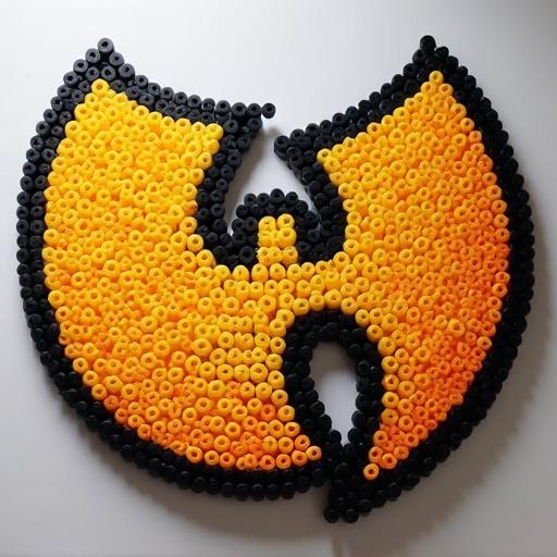 Wu-Tang emblem created with perler beads. Bright colors with a focus on the emblem's distinct shape. Pattern made up of black and yellow beads arranged artistically.