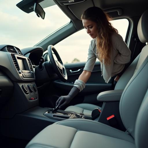 Interior of a car shows a person vacuuming the seats and floor. The focus is on cleaning the interior space of the vehicle. Light pours in through the windshield illuminating the scene. The person wears gloves while maneuvering a vacuum.
