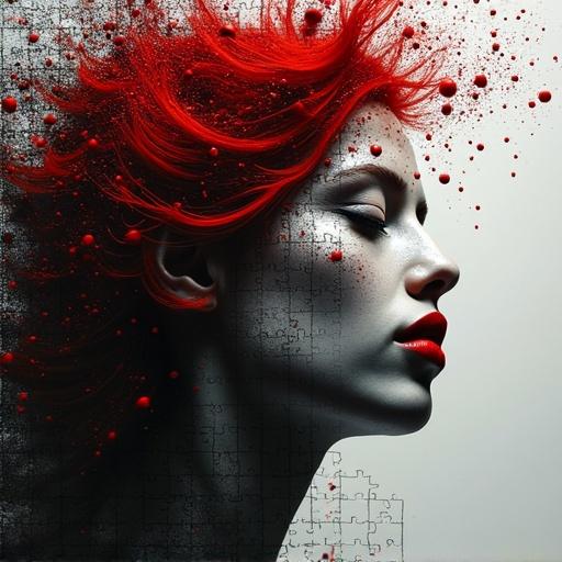 High definition double exposure with explosive black and white puzzle pieces. Detailed, top angle shot of a girl with red lips and red hair. Complex play of light and shadow with dynamic movement. Masterpiece with expressive brush strokes and transparency lighting. High depth dynamic shadow play and cinematic texture. Extremely detailed at high resolution.