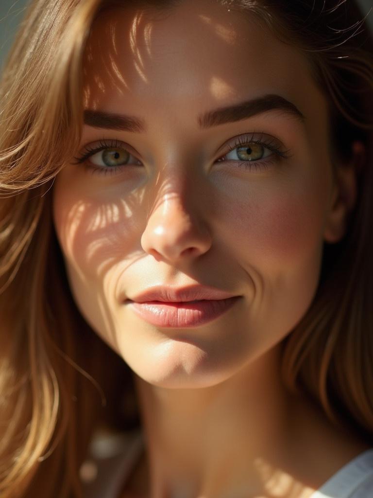 Close-up shot of a beautiful woman's features highlighted by soft lighting. The focus is on the texture and flow of the hair. Warm atmosphere creates a soothing effect with smooth skin and silky hair texture.