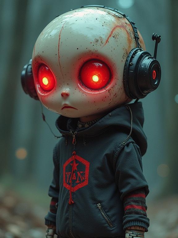 A humanoid doll with large glowing red eyes and a pale face shown standing in a misty forest. The doll wears a dark hoodie with a logo and has headphones on. The surroundings are dimly lit with an eerie atmosphere. The forest is slightly out of focus and adds to the mysterious feel of the picture.