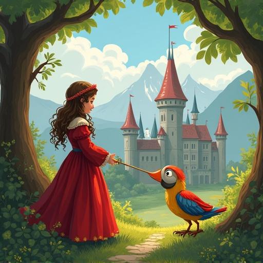 Scene of a medieval princess in a red dress in an enchanted forest. Princess pulls colorful bird from bush. Majestic castle and mountains in background. Bright dramatic sky. Art fit for children with friendly characters and animals.
