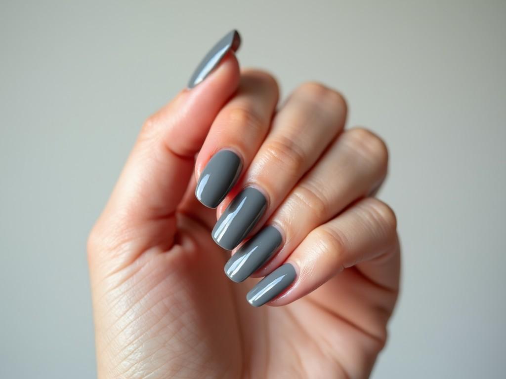 A close-up image of a hand with freshly done manicured nails in a glossy gray color, capturing the length and shine.