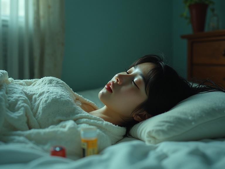 Close-up shot of a Japanese model lying in her bedroom. She appears sad, looking sideways. Clothes are soaked with water droplets. The scene is filled with steam and soft light particles floating. A bottle of pills rests beside her. The overall hue is bluish with a nostalgic aesthetic.