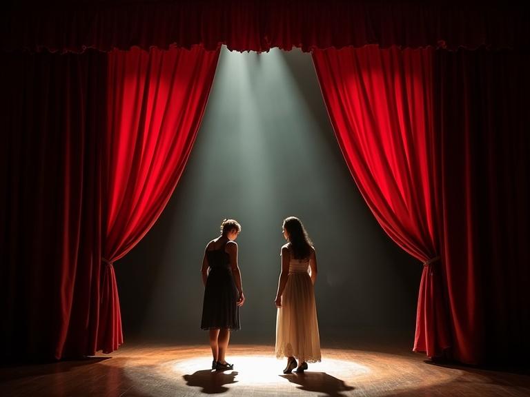 Performers prepare backstage for a show. Background features deep red curtains and a spotlight. Intimate atmosphere evokes nostalgia and excitement.