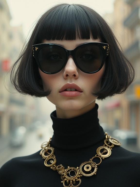 A woman with sleek features wearing black sunglasses and a gear necklace in a soft-focus cityscape background. The image has a minimalistic and elegant atmosphere with tonal contrasts. Delicate shading adds depth.
