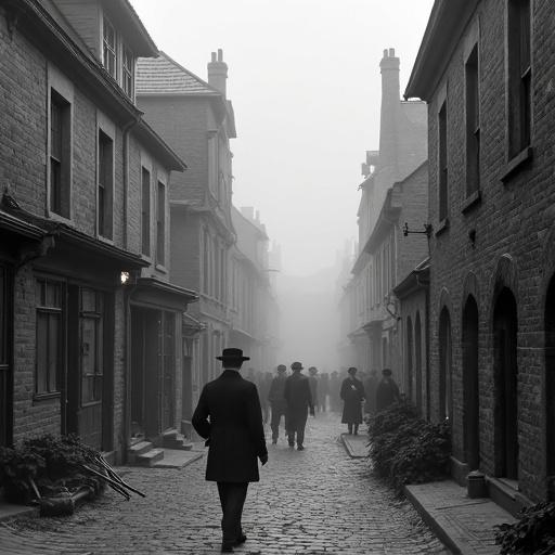 Photograph depicting a street in a 19th century slum. Cobblestone path with buildings on either side. Foggy atmosphere obscuring visibility. A man in a long coat and top hat walks away, while other figures are seen in the distance.