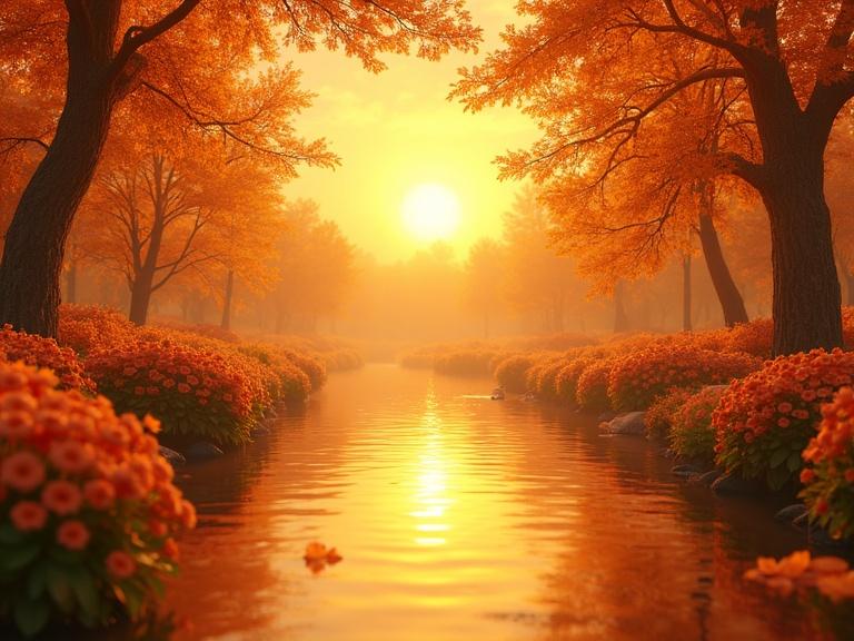 A river flows through a landscape filled with vibrant flowers and trees. The scene captures a warm sunset illuminating the surroundings in golden hues.