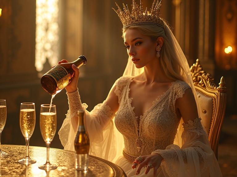 A high elf dressed in elegant royal attire pours champagne from a golden labeled bottle. The elf is seated on a grand throne surrounded by long champagne glasses. The setting is an opulent castle adorned with diamond-like decor.
