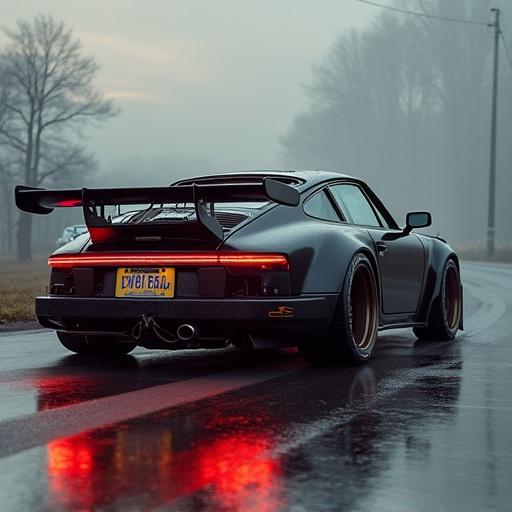 Sleek black turbo car parked on a wet road. Misty environment with muted colors. Reflections of the car in puddles. Rear view with sporty design. A sense of speed and motion.