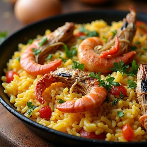 Paella Valenciana. Rice cooked with seafood and garnished with herbs. Close-up of a delicious dish in a pan.