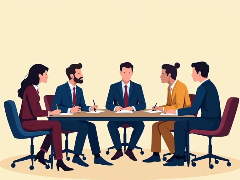 Illustration depicts a committee of people sitting around a table. Participants are using notepads. The composition uses navy blue and maroon colors against a pale yellow background.