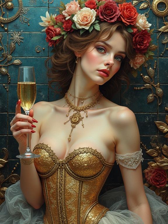 Woman in gold filigree corset holds champagne glass. Floral crown adorns her head. Elegant backdrop features iridescent tiles. Ethereal and abstract aesthetic. Gothic influence noted in her eyes.