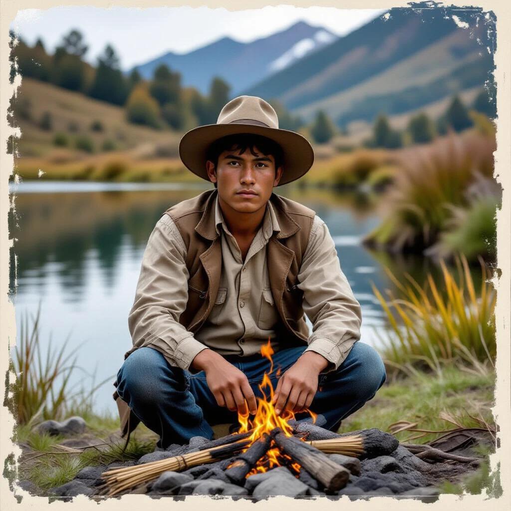 A young farmer near Laguna Negra. He is collecting herbs for an offering. He sits by a campfire. Mountains and a lake create a beautiful background. The scene evokes suspense and tradition.