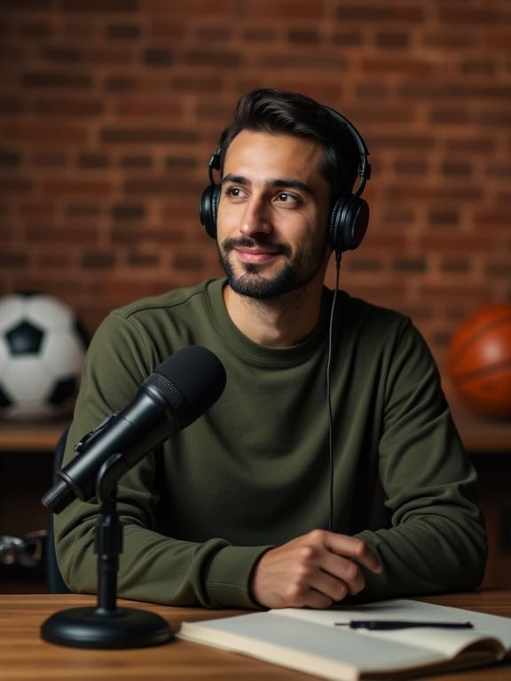 A digital portrait of a male Arabic podcast host in his early 30s. He sits at a podcast desk wearing a dark olive-green sweatshirt and black headphones. He speaks into a microphone, looking slightly to the side. The background features a soccer ball and basketball against a brick wall. The setting is softly lit and cozy, creating focus on the host. The composition is vertical and centered to suit mobile screen formats.