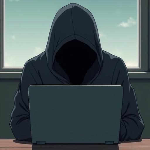 Semi-realistic anime style features a person in a hoodie with a face obscured. The person sits in front of a closed laptop. Background showcases a window with soft light.
