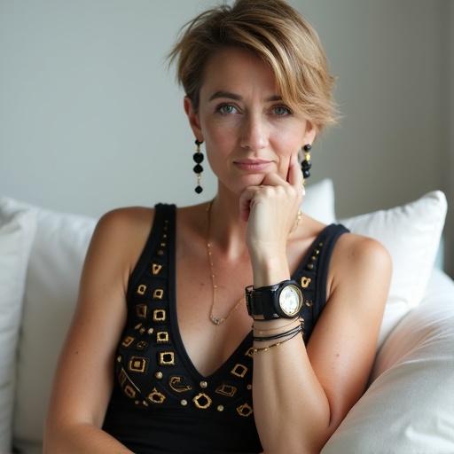 Thoughtful stylish woman with short pixie cut relaxing on white couch. Black sleeveless top with gold geometric pattern. Wearing bracelets and simple earrings. Light freckles on fair skin. Natural makeup with dark eyeliner. Soft natural lighting adds warmth.