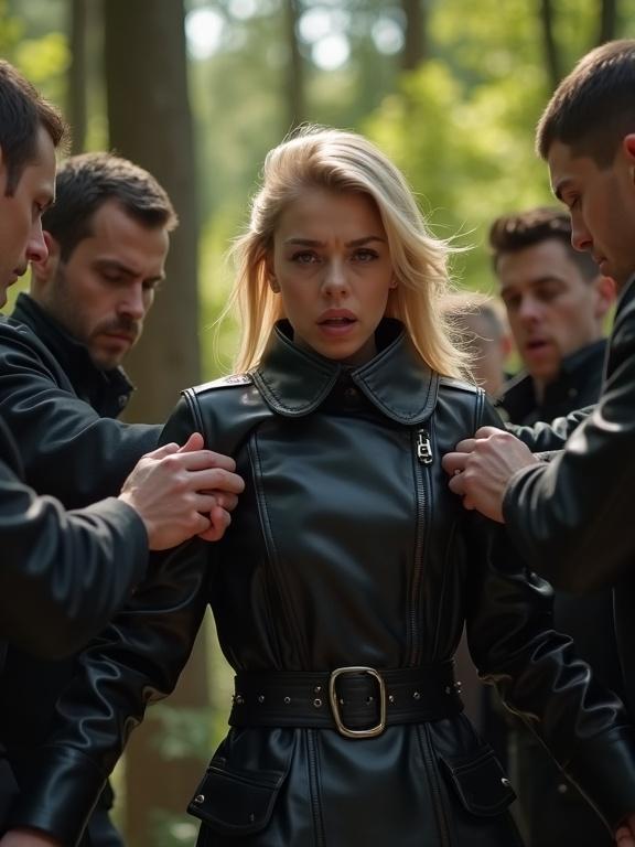 Scene features a young woman with blond hair in a black leather belted biker coat surrounded by several men in a forest. The men are gripping her shoulders and arms tightly. The woman appears distressed and fearful. The lighting highlights her body and expression. Dramatic and tense atmosphere with an angled view focusing on her struggle.