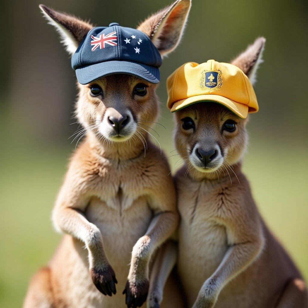 Image showcases two baby kangaroos wearing Australian cricket caps. The caps are prominently displayed while the kangaroos appear warm and friendly. The setting is outdoors in nature with bright colors.