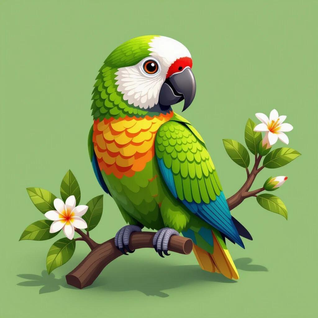 Amazona leucocephala illustrated in 3D isometric style. A green parrot with vibrant feathers. Perched on a branch with flowers. Bright colors and cartoonish details. Ideal for educational and decorative purposes.