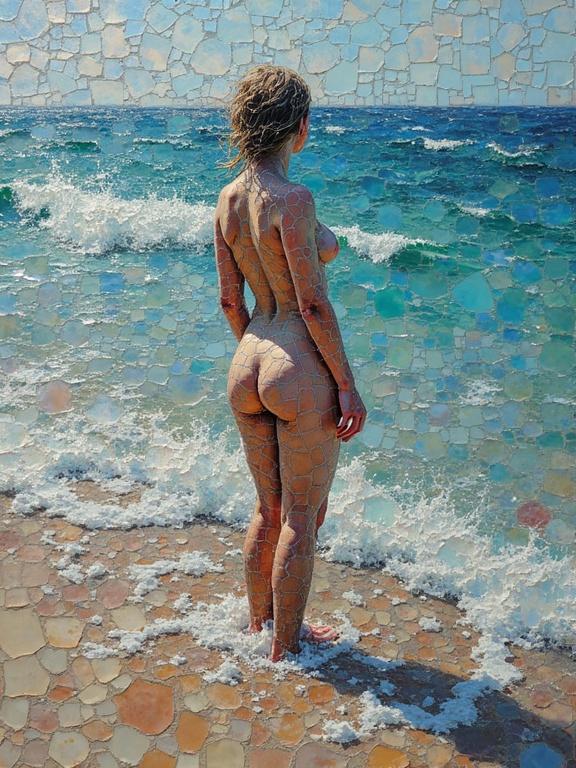 Nude body on the beach with iridescent ceramic tiles and glass mosaic, ethereal and abstract style using encaustic mixed media art techniques.