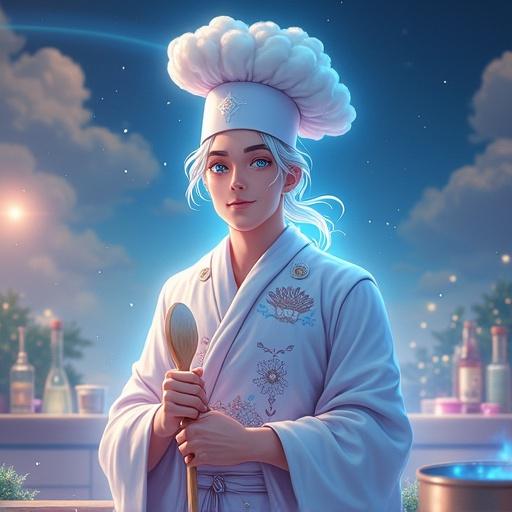 Male chef in 40s with soft silver hair and glowing pale blue eyes wears a mystical pastel robe and large fluffy chef hat. Decorated apron has weather symbols. He holds a wooden spoon emitting soft energy glow. Background features floating clouds and sparkling particles creating serene atmosphere. Portrait blends anime and Pixar styles with vibrant colors.