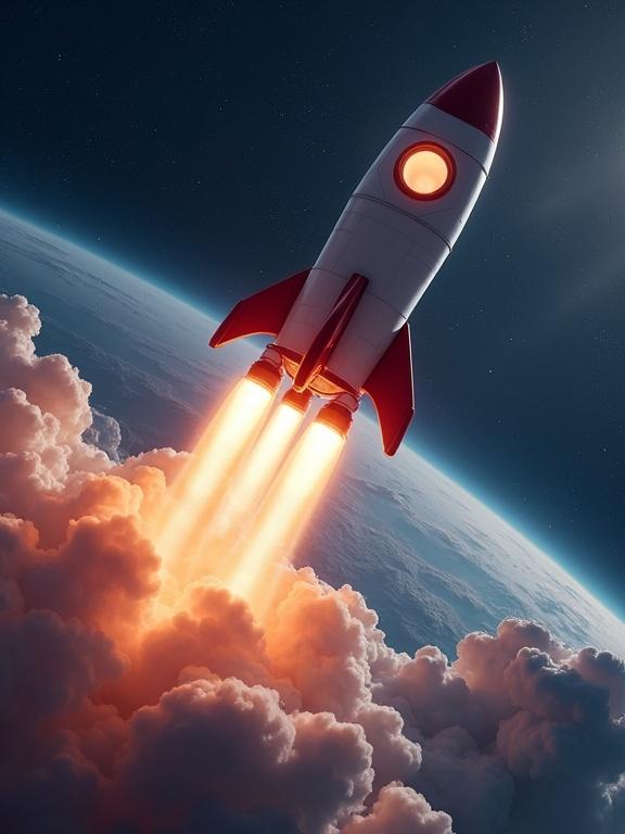 A rocket ascending in space with exhaust flames and Earth visible in the background. Clouds surround the rocket as it heads toward Earth.
