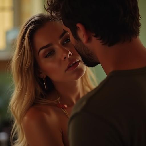 A woman expresses concern and empathy towards a man. The scene captures a close-up of their emotional interaction. Soft warm lighting enhances the intimate atmosphere. The focus is on their connection and feelings in that moment.