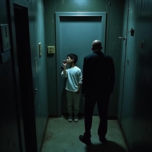 A young boy in white stands behind a metal door. Opposite the child, a man in black stands inside a dark corridor. The scene conveys a cinematic and creepy ambiance.