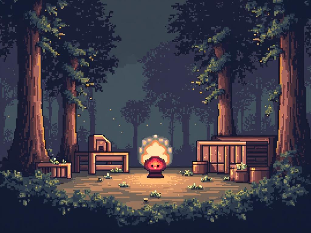 A pixel art scene depicting a clearing in the forest with a glowing campfire at the center surrounded by trees and wooden structures.